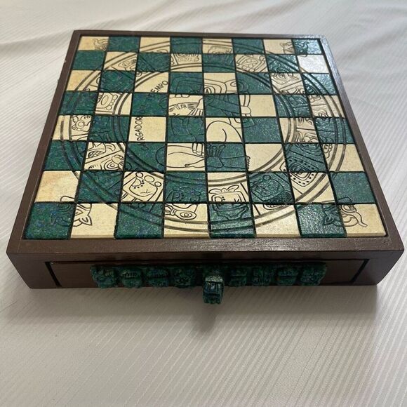 Aztec Mayan Calendar Malachite/Wood Green Chess Set VTG Read Description